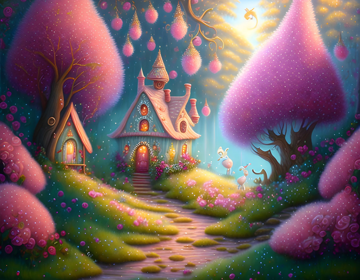 Whimsical forest scene with pink trees, glowing lights, cottages, and rabbit