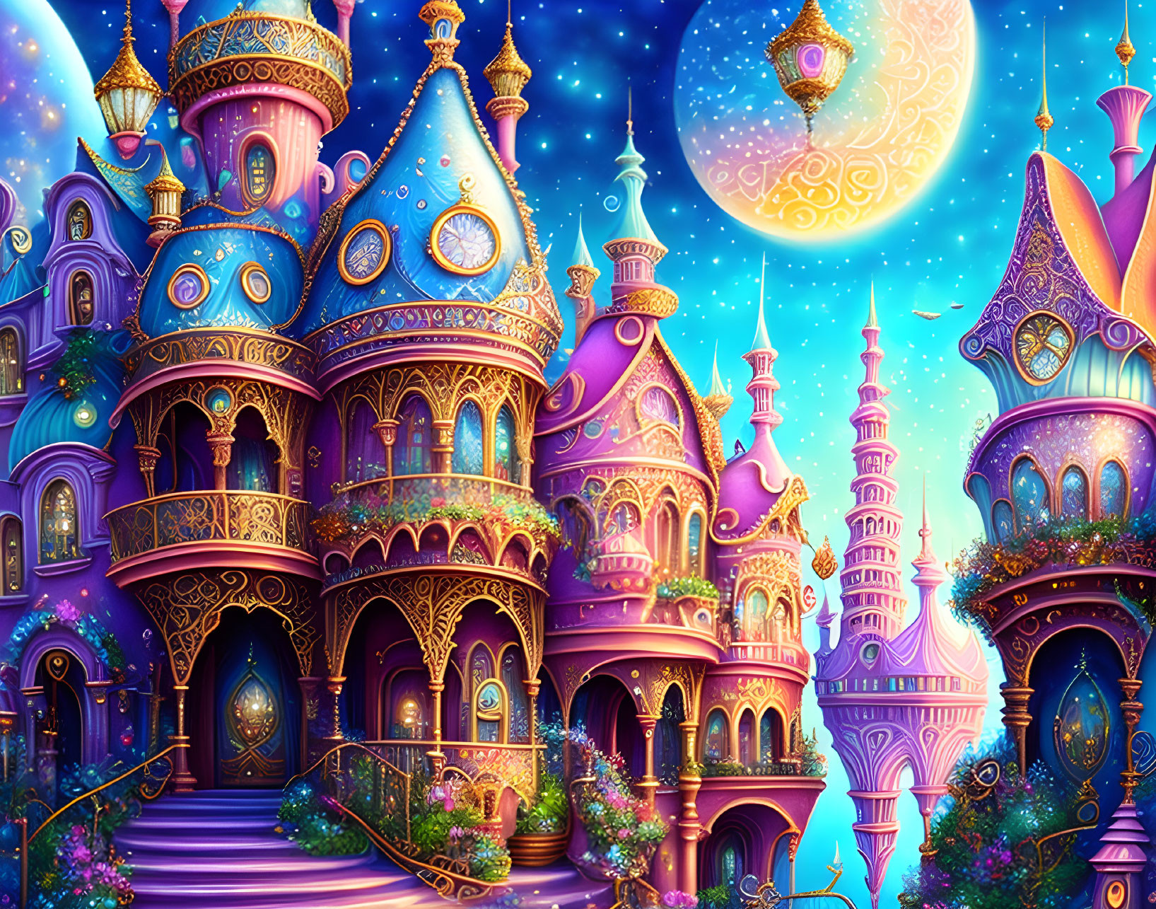 Fantasy castle at night with purple and blue hues under starry sky