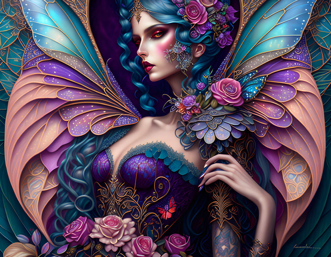 Fantastical woman with butterfly wings and floral designs in jewel-toned colors