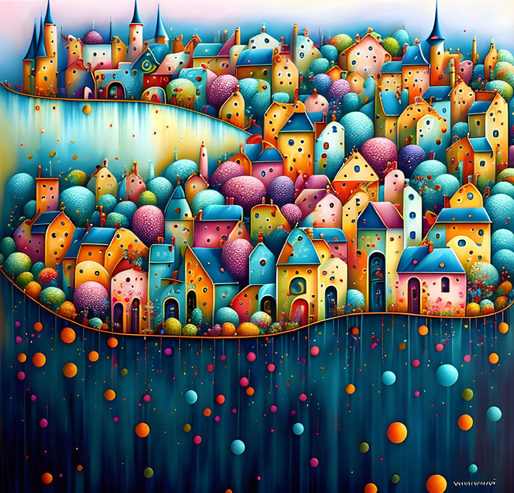 Vibrant landscape with stylized houses on hills and starry abyss