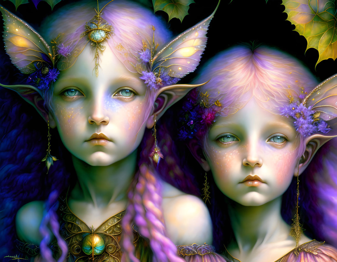 Ethereal fairy-like characters with expressive blue eyes and intricate floral crowns