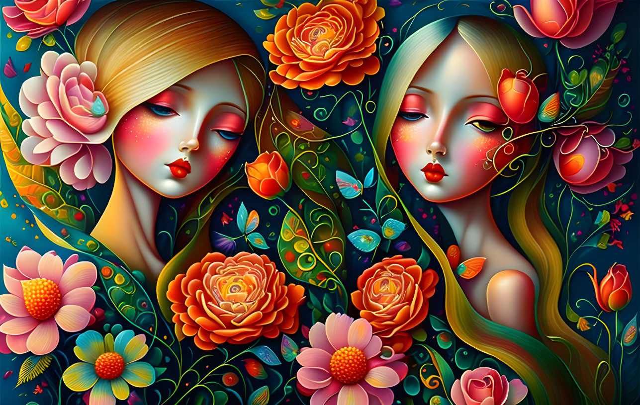 Stylized female figures in lush, vibrant flora and fauna scenery