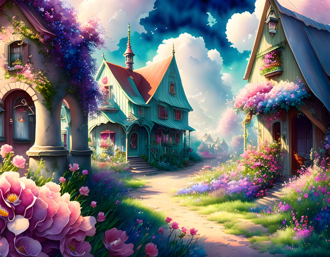 Colorful Fantasy Village Scene with Cottages, Flowers, and Cobblestone Path