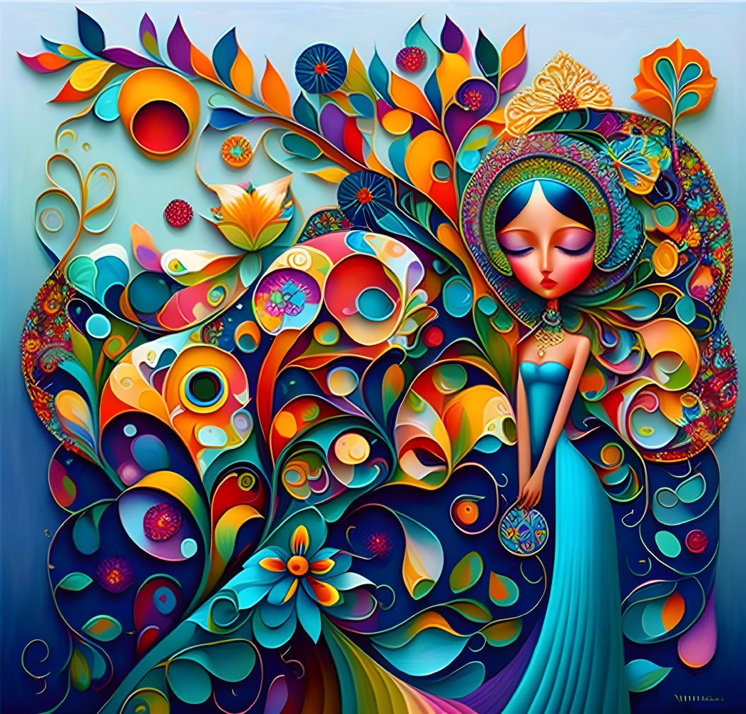 Colorful Artwork of Stylized Female Figure with Floral Patterns