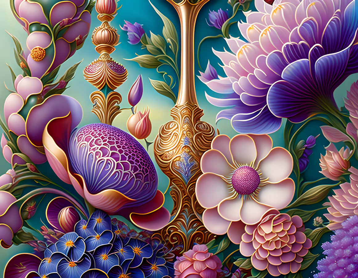 Colorful digital artwork: stylized flora with gold accents on teal background