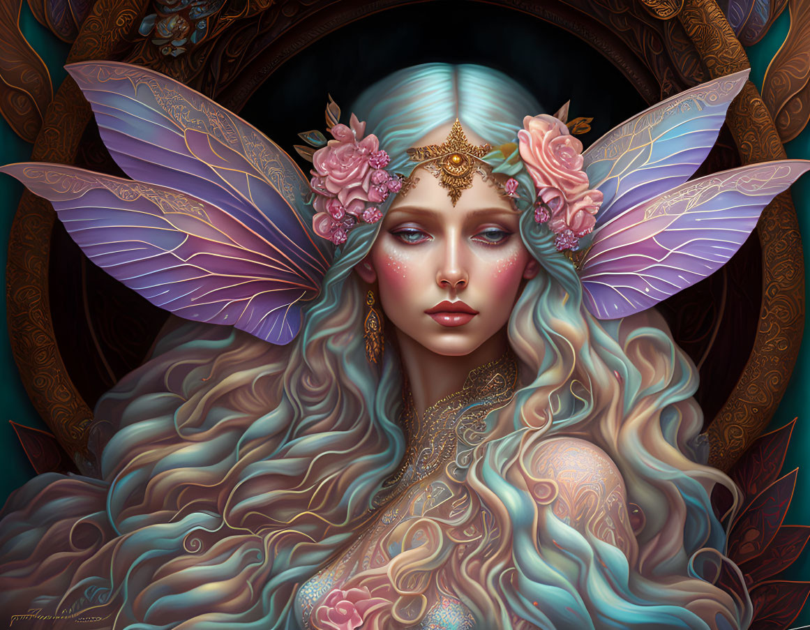 Fantasy portrait of woman with long wavy hair and butterfly wings