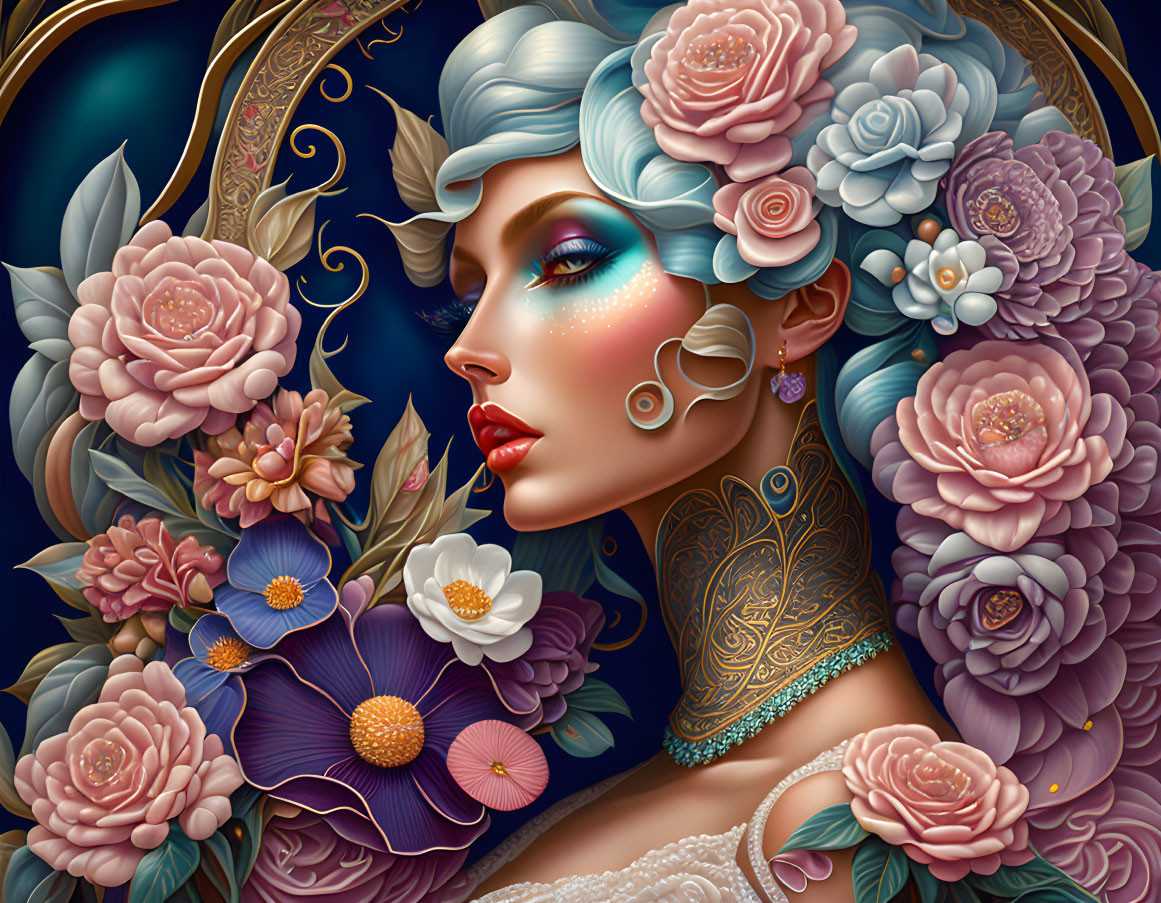 Stylized woman with blue hair and intricate floral patterns