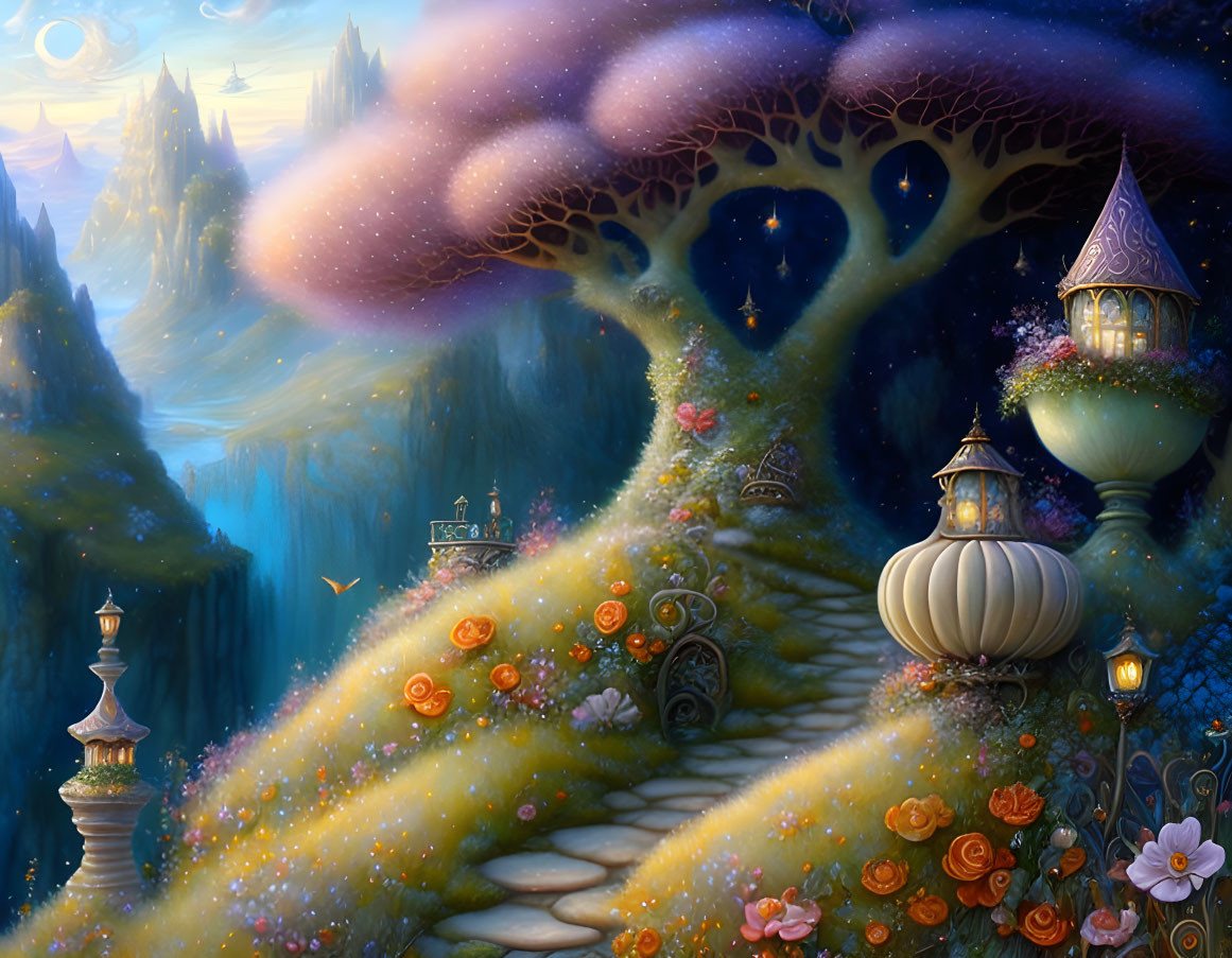 Fantasy landscape with glowing mushrooms, lantern-lit path, vibrant flora, and misty mountains at