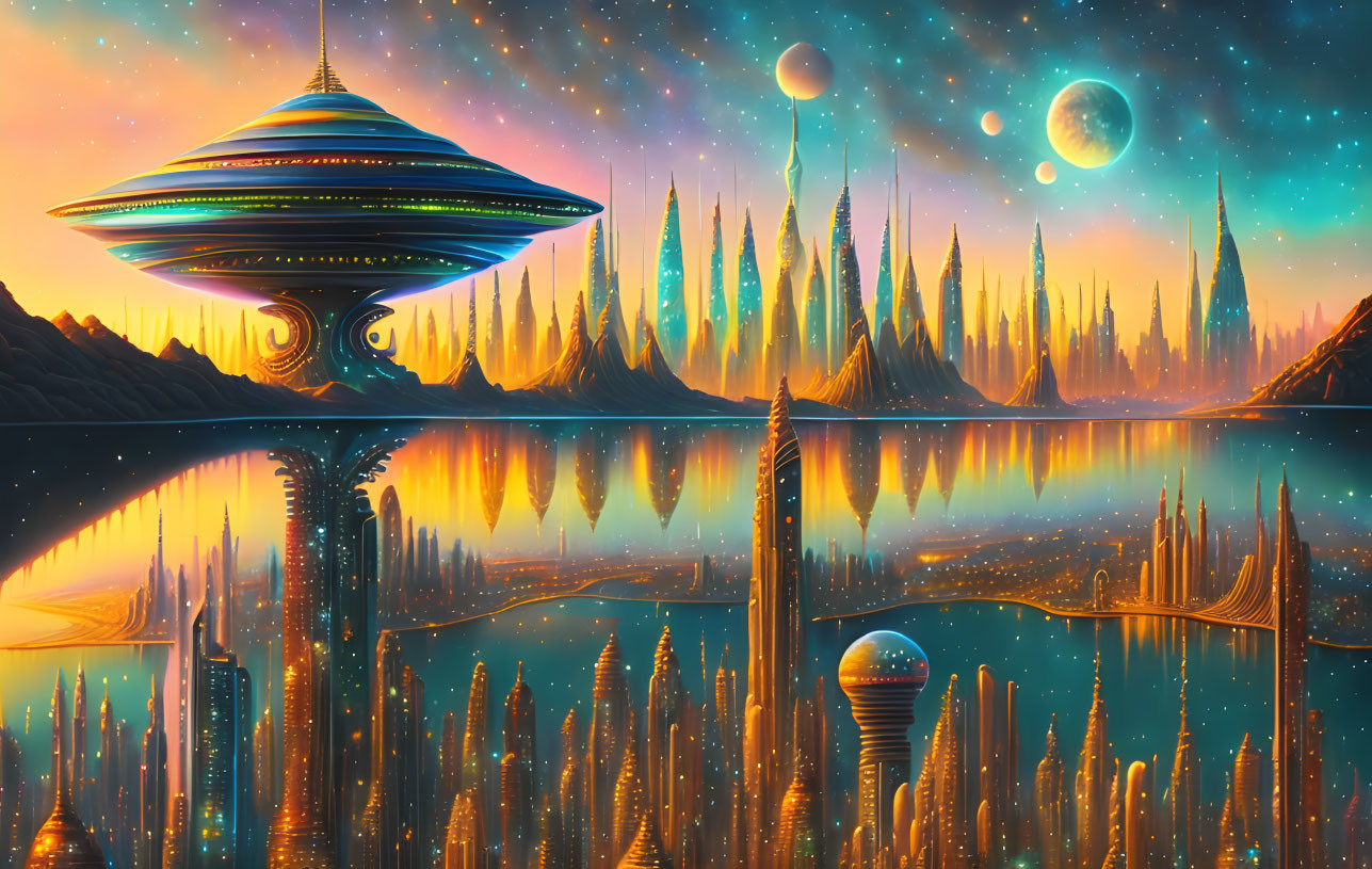 Futuristic sci-fi cityscape with flying saucer and celestial reflections