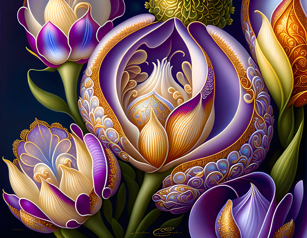 Stylized Lotus Flowers in Purple and Gold with Dark Background