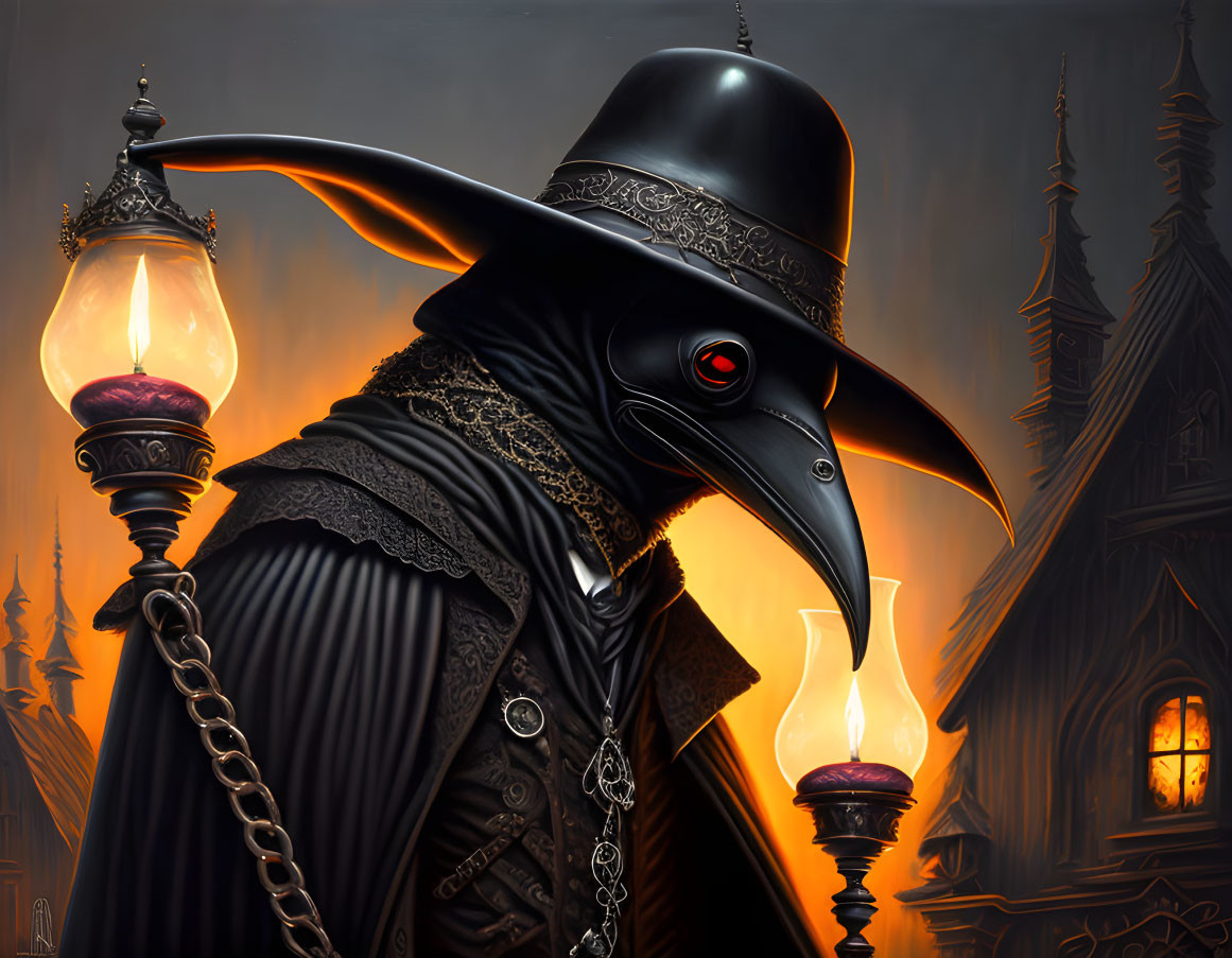 Stylized plague doctor with lantern in gothic setting