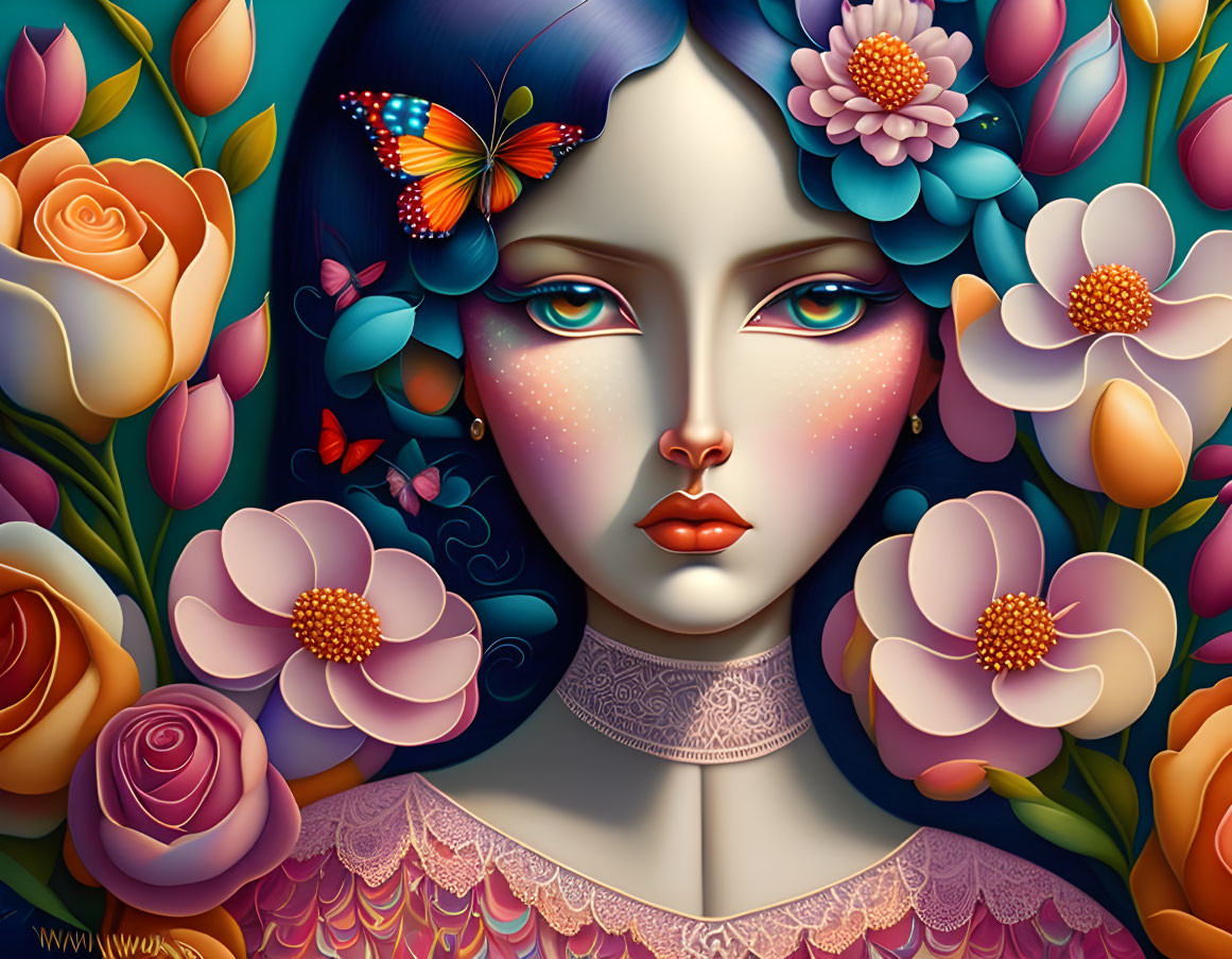 Vibrant woman with flowers and butterfly in rich hues