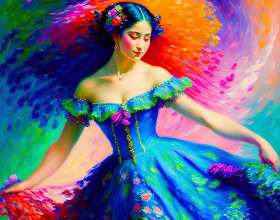 Colorful painting of woman dancing in vibrant dress with flowers in hair