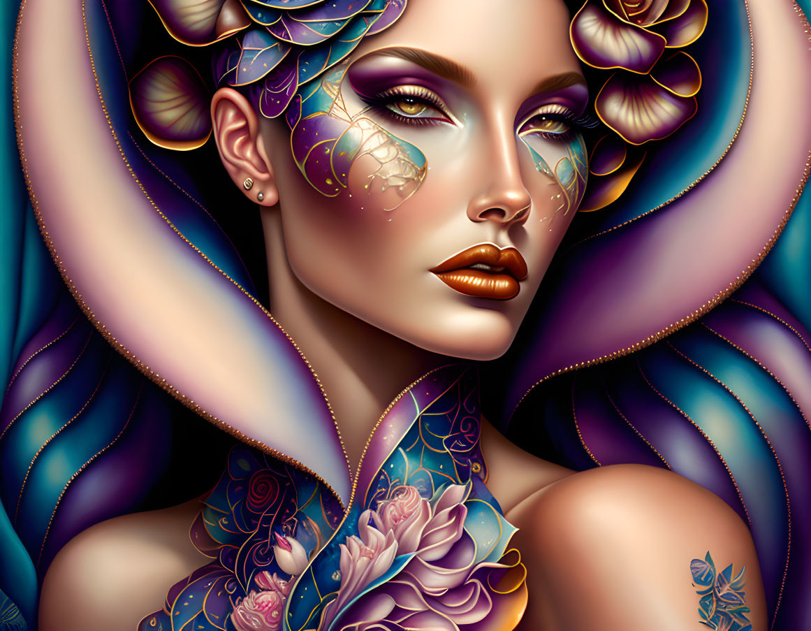 Digital art portrait featuring woman with floral motifs, golden makeup, tattoos, and butterfly wings