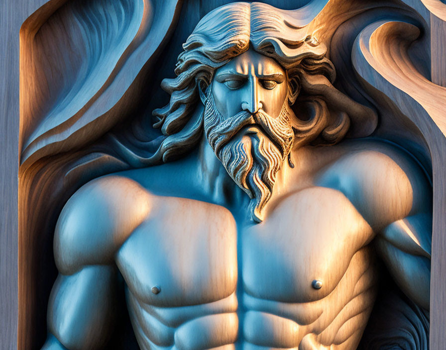 Intricately carved wooden sculpture of a muscular man with flowing hair and beard