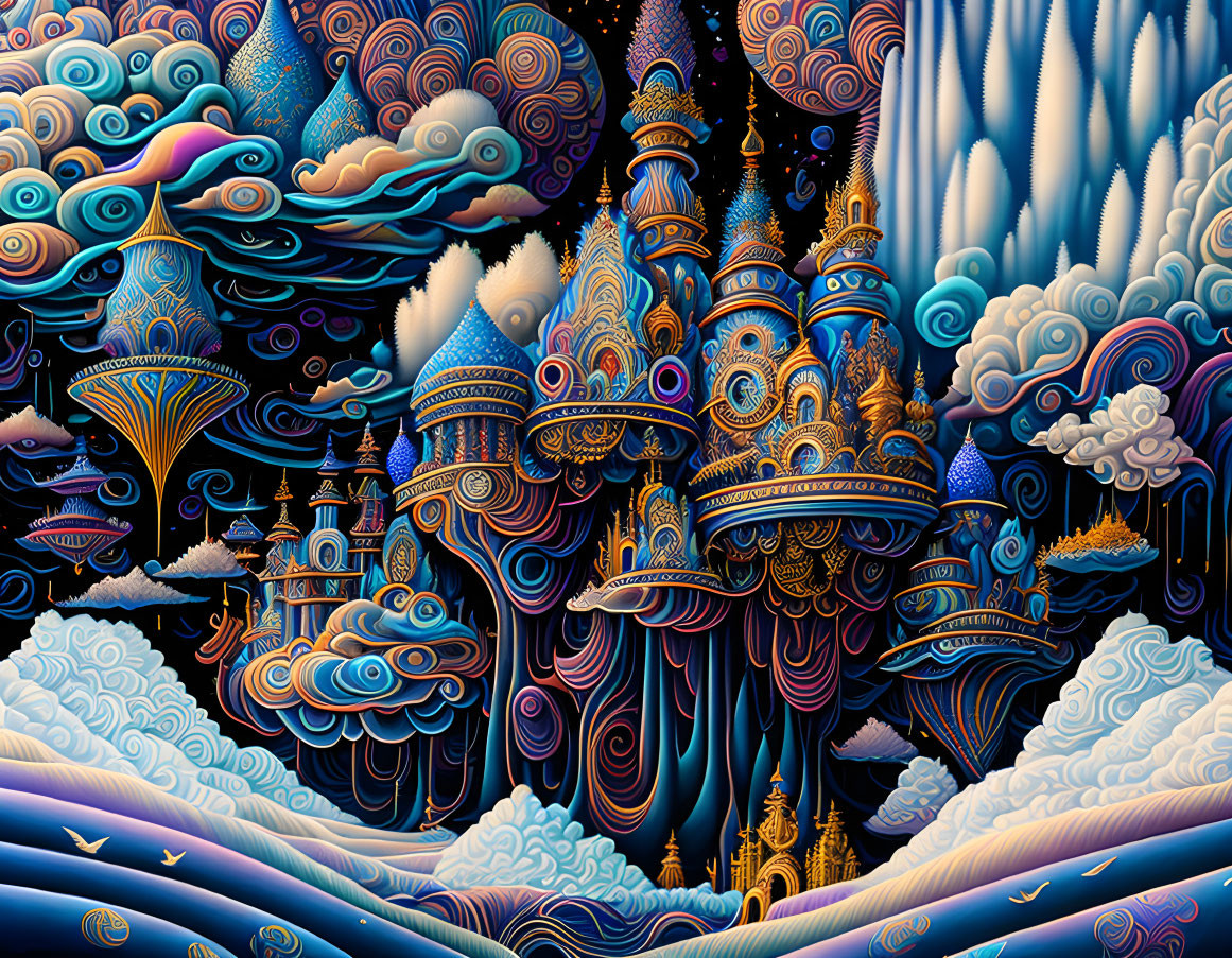 Fantastical landscape with ornate tower-like structures and celestial-oceanic motifs