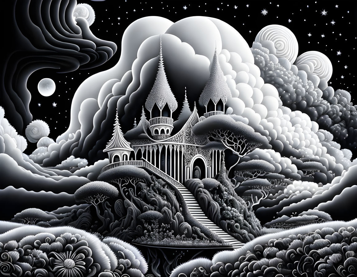 Monochrome fantasy landscape with intricate castle and celestial skies