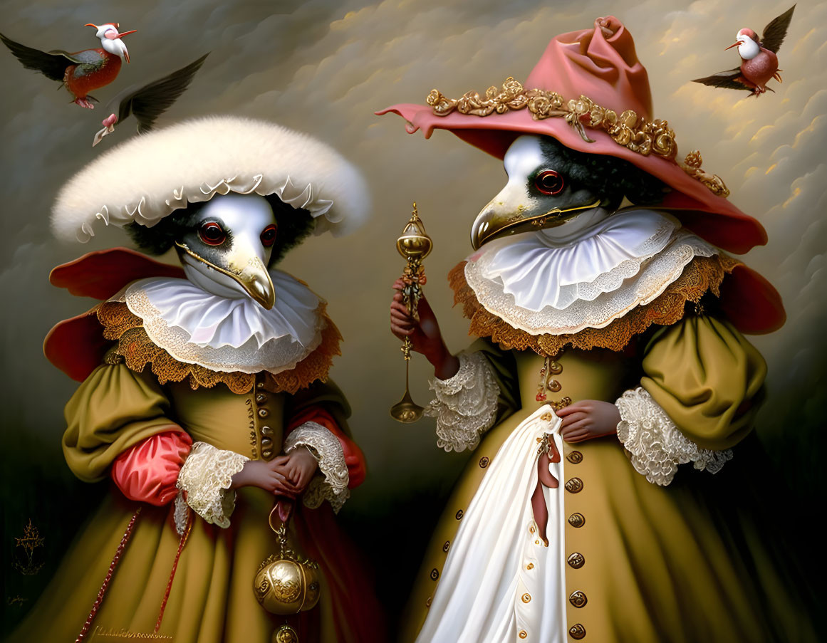 Elaborate 17th-Century Characters with Bird Masks, Hourglass, Golden Apple,