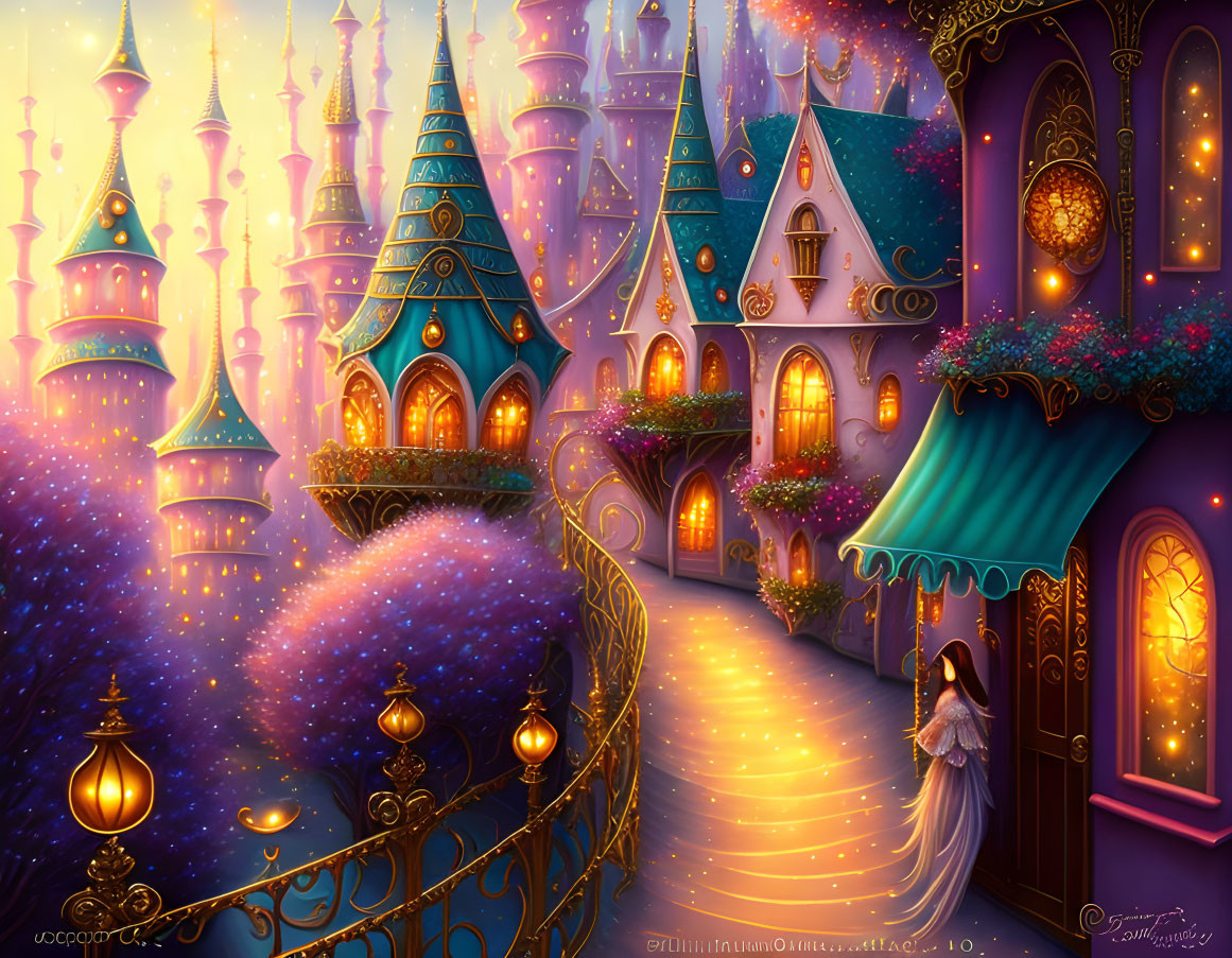 Fantasy castle town illustration at dusk with lanterns and cobblestone path