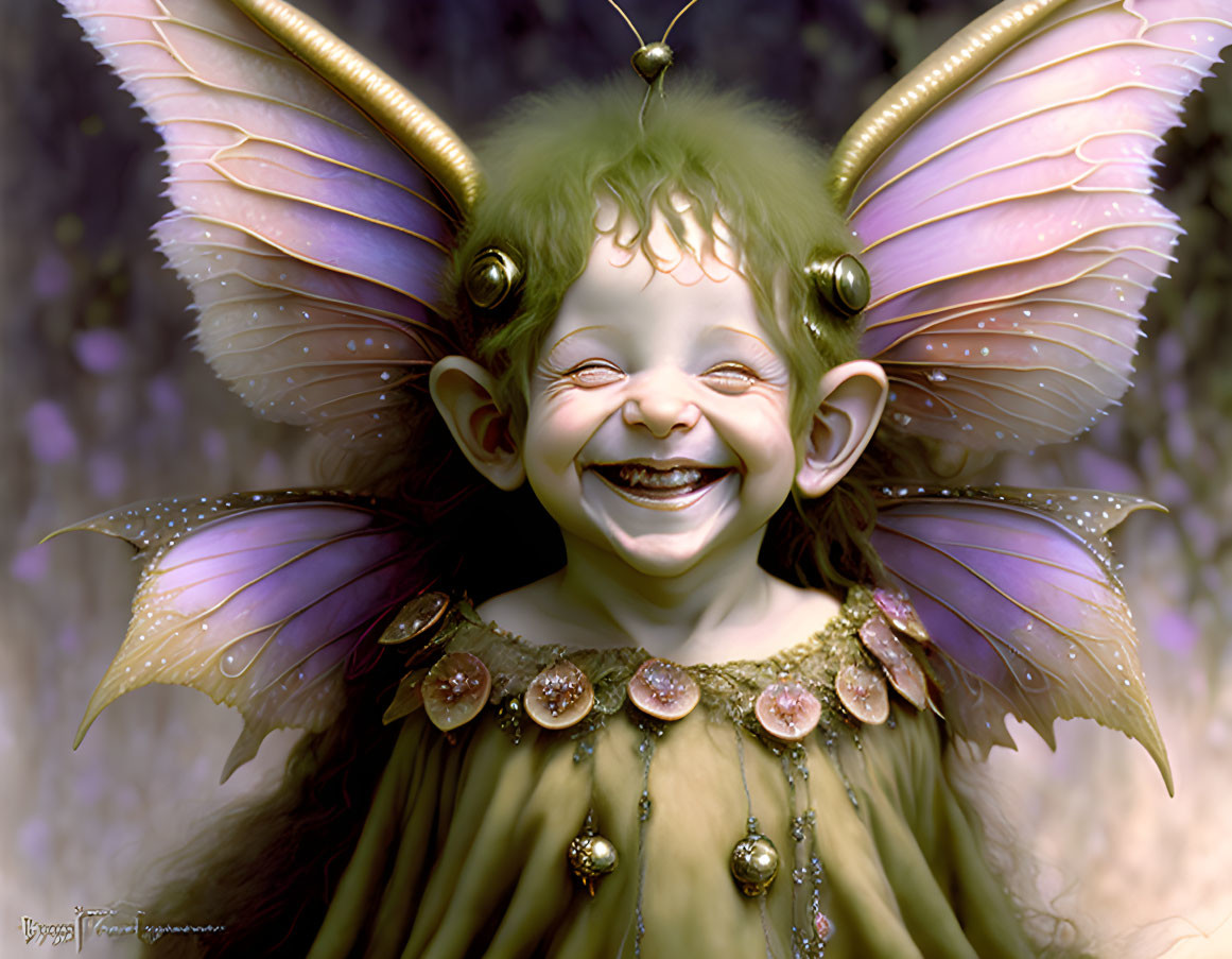 Colorful fantasy creature with green hair, pink wings, and jewelry laughing joyously