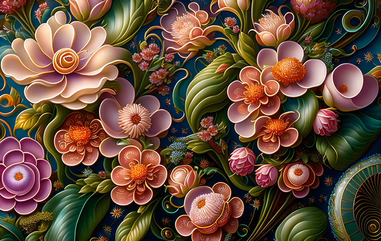 Detailed Illustration of Pink, Orange, and Cream Flowers on Teal Background