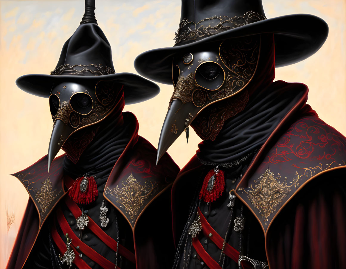 Stylized ornate plague doctor costumes with beaked masks and wide-brimmed hats