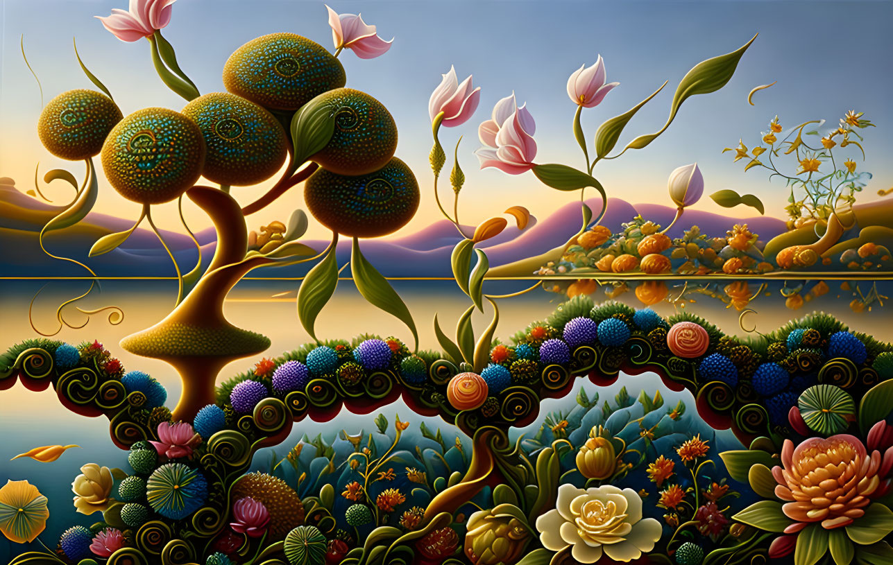 Surreal landscape: tree with patterned fruits, mirror-like lake, vibrant flowers.