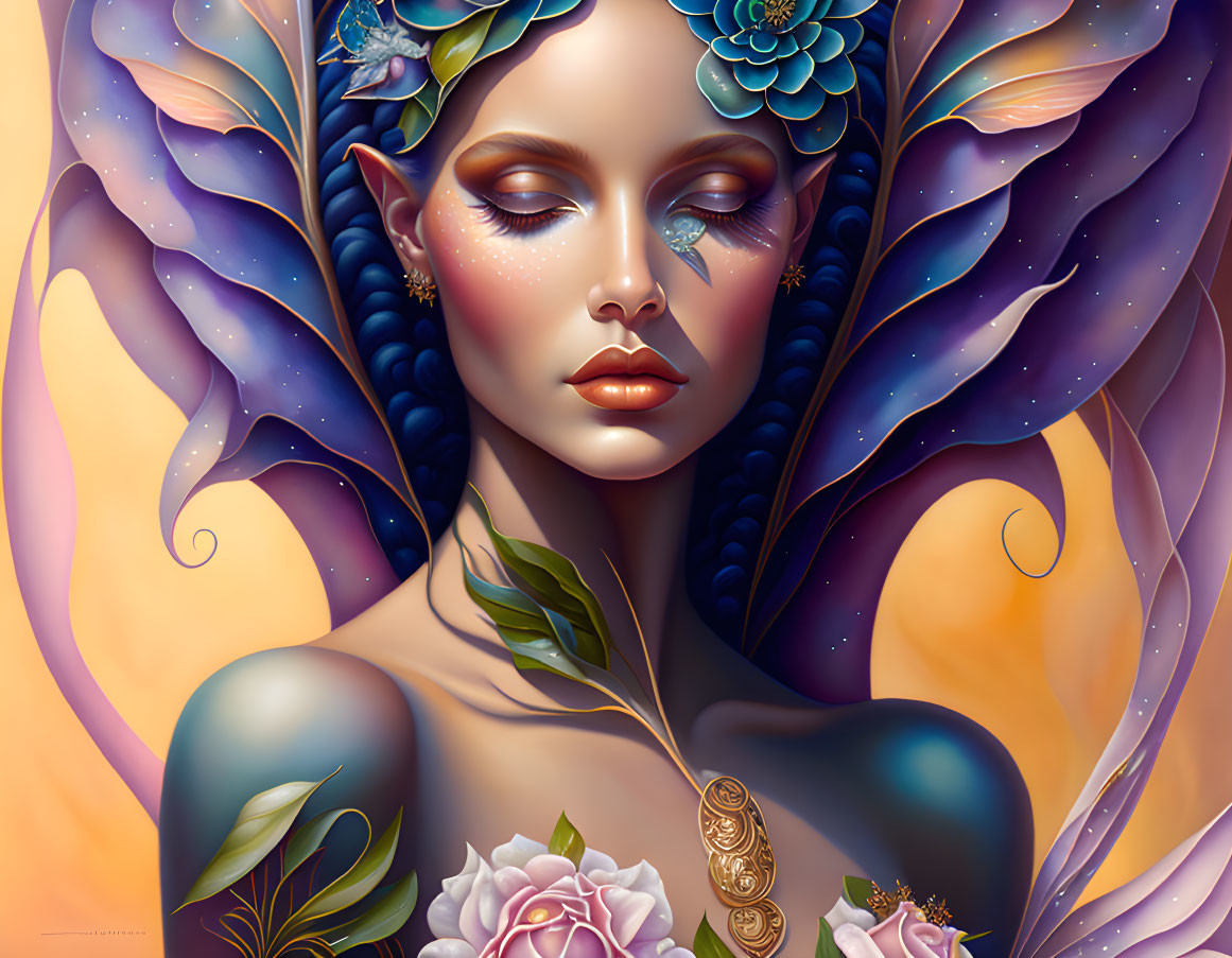 Colorful fantasy illustration of woman with floral elements and elf-like ears on vibrant background