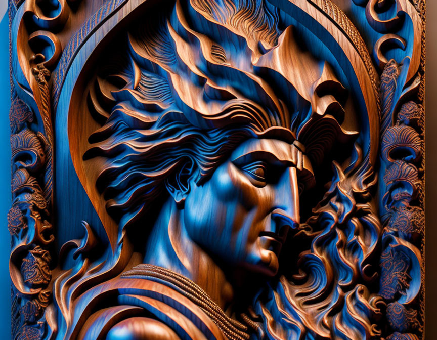 Three-dimensional blue and orange gradient profile art piece with classical facial features.