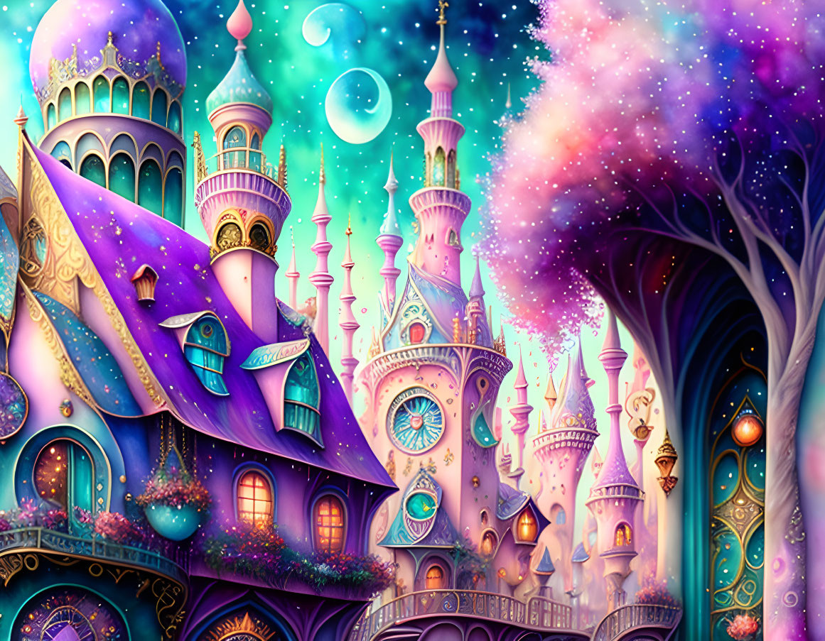 Whimsical illustration of a magical castle under a pastel sky