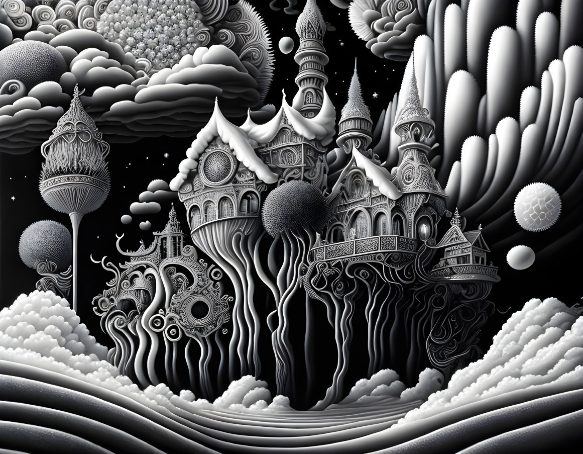 Monochromatic fantasy illustration of whimsical castle in celestial setting