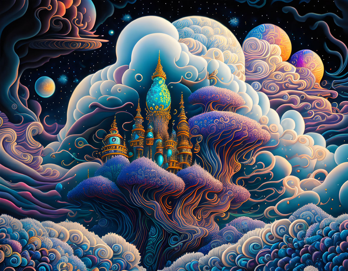 Fantastical landscape with glowing buildings on floating island surrounded by colorful clouds and celestial bodies