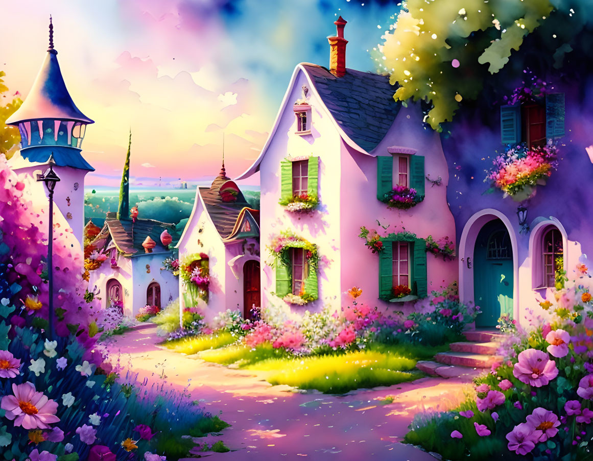 Fantasy cottage with flowering garden at sunset and whimsical tower.