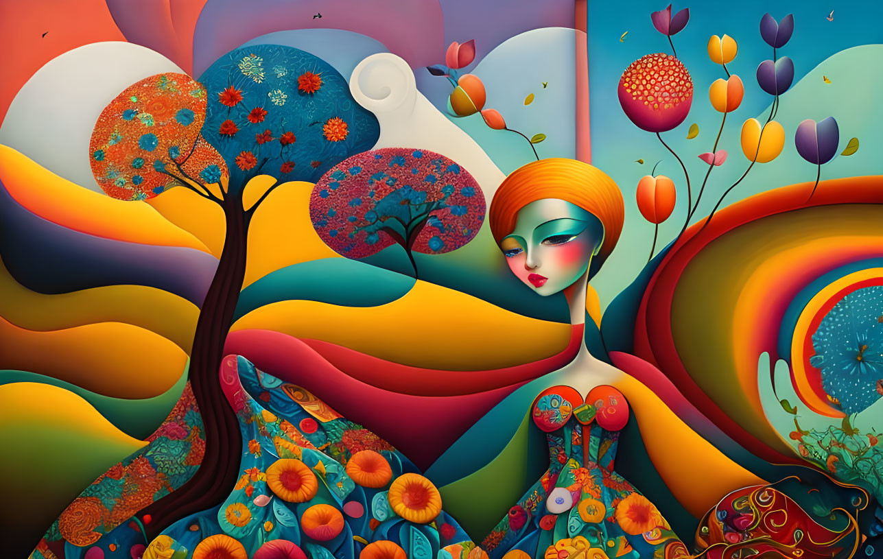 Colorful nature-themed illustration with woman blending into vibrant trees, floral patterns, and rolling hills under whims