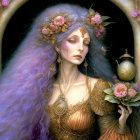 Ethereal figure with lavender hair and gold jewelry holding a spherical object