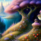 Fantasy landscape with glowing mushrooms, lantern-lit path, vibrant flora, and misty mountains at