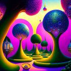 Colorful Fantasy Landscape with Stylized Trees and Reflective Water