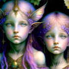 Ethereal fairy-like characters with expressive blue eyes and intricate floral crowns