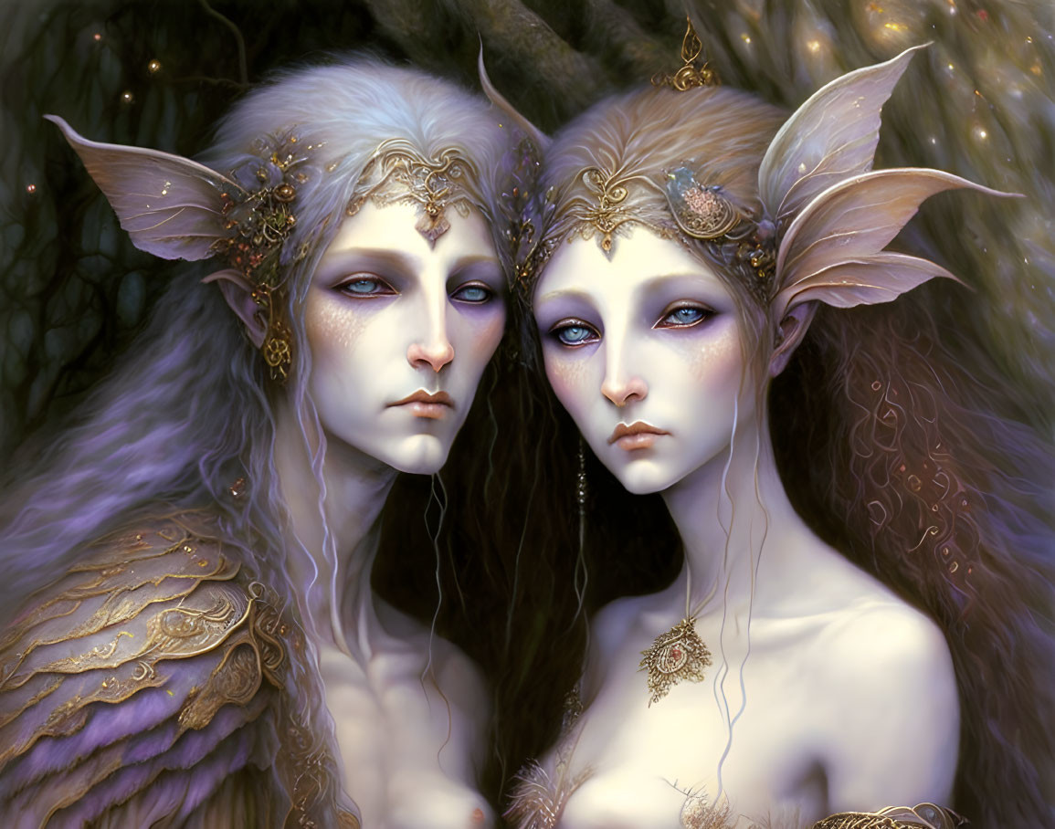 Ethereal beings with pointed ears and intricate jewelry in a magical forest.