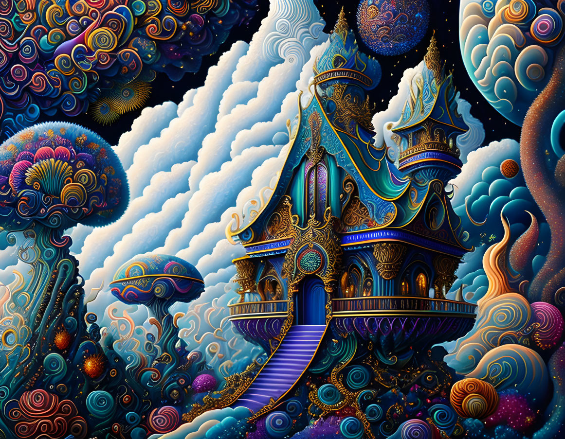 Vibrant Psychedelic Castle in Blue and Gold Tones