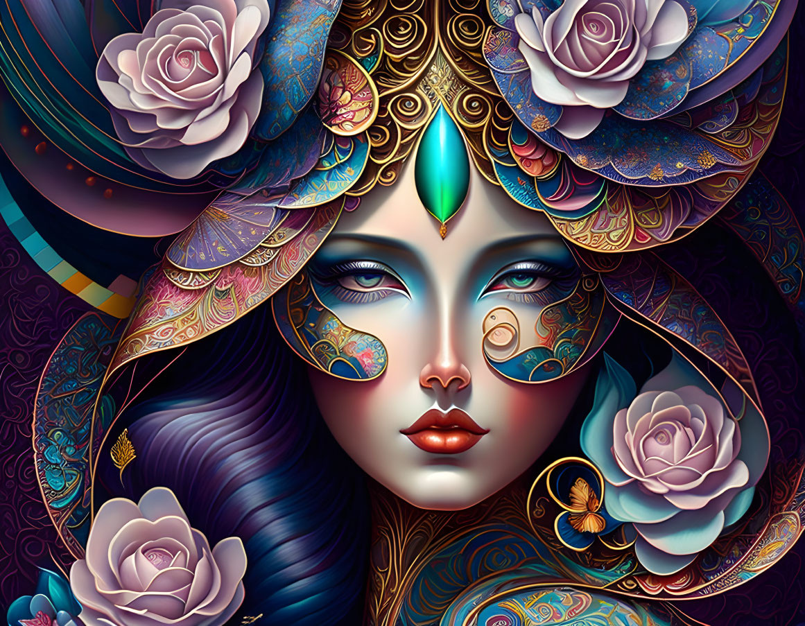 Detailed blue-haired woman with gold adornments and teal gem artwork.