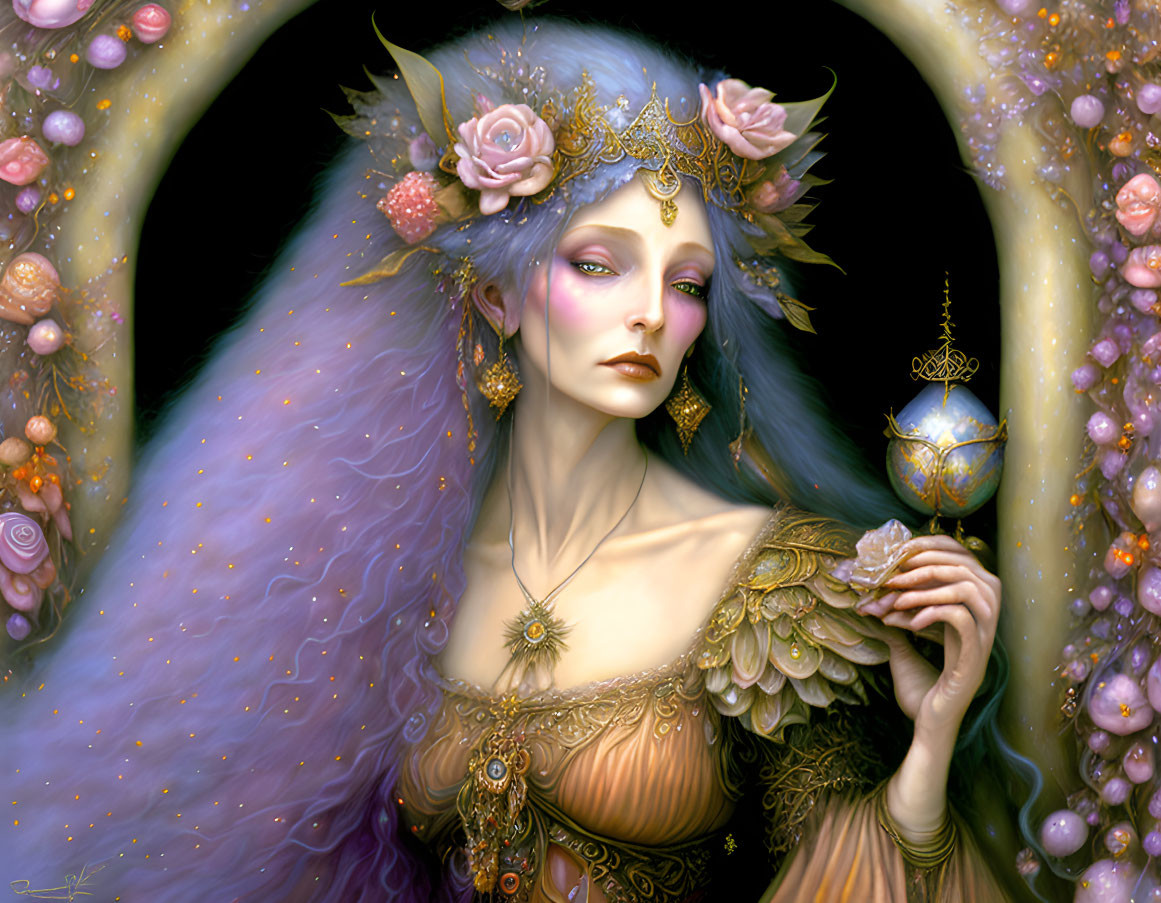 Ethereal figure with lavender hair and gold jewelry holding a spherical object