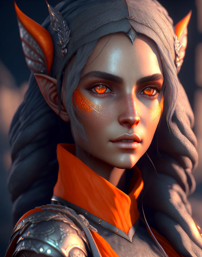 Digital artwork featuring female character with elf-like ears, orange eyes, gray headscarf, and shoulder