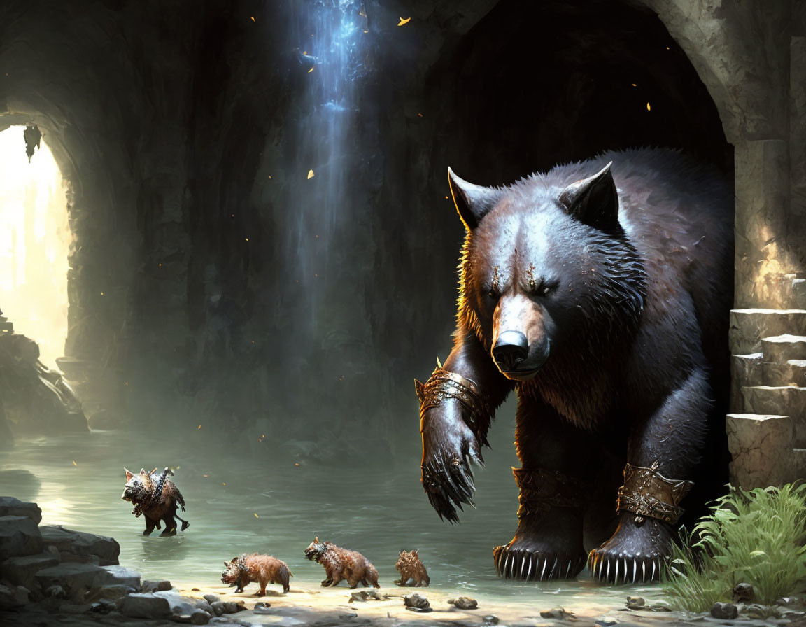 Fantasy bear with armored limbs in cave with smaller bears and rays of light.