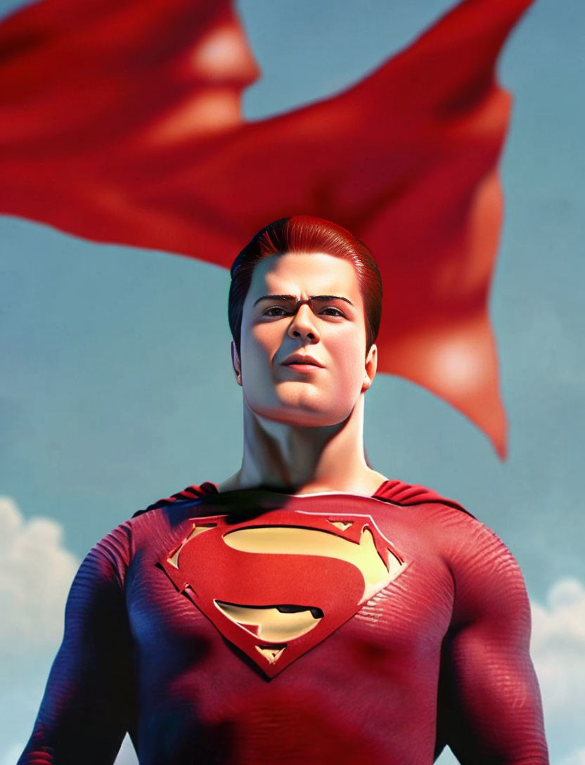 Superman digital artwork: red cape, "S" logo, blue sky