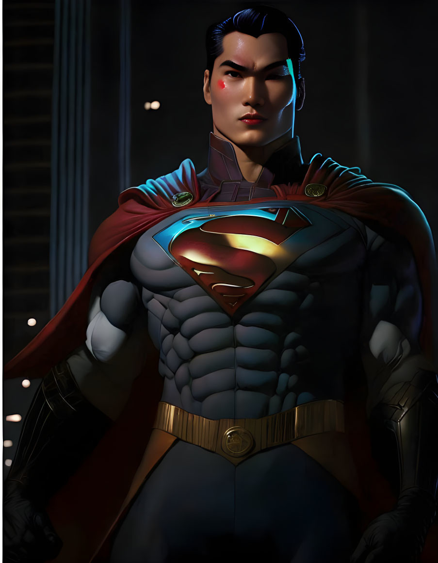 Superman illustration in confident pose with iconic suit and cape