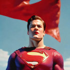 Superman digital artwork: red cape, "S" logo, blue sky