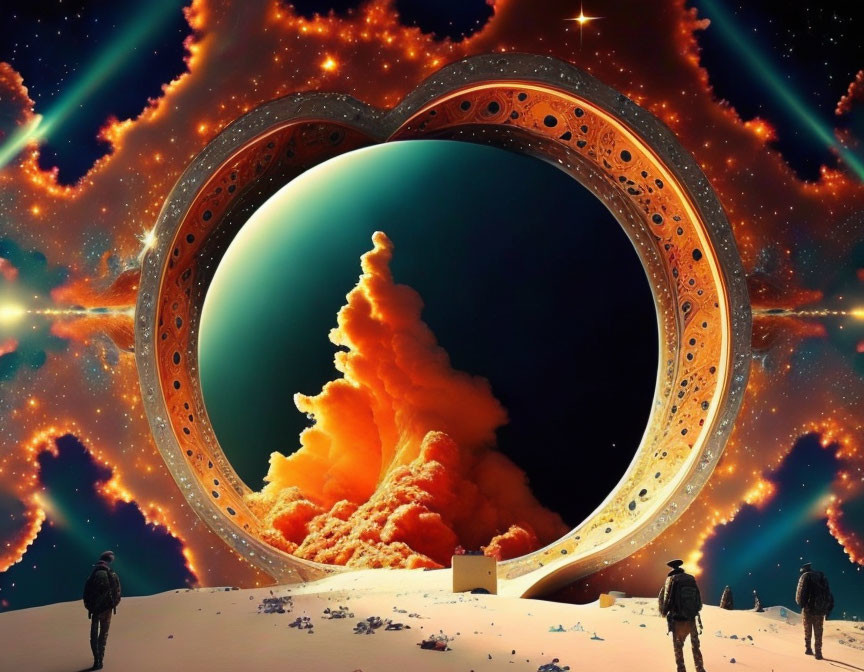 Three figures witness fiery explosion through heart-shaped portal in starry sky.