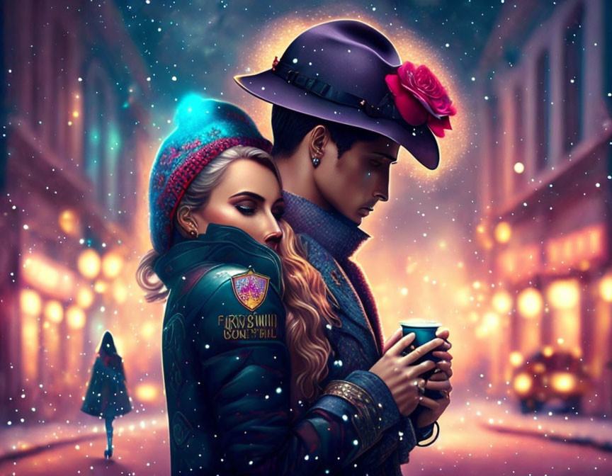 Stylized couple embraces on snowy street with unique fashion and dreamy ambiance