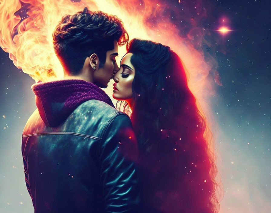 Romantic couple in cosmic fiery scene with man emitting flames